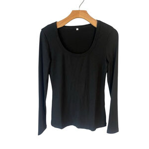 Palinda Henley Blouse Womens L Black Scoop Neck Long Sleeve Ribbed Stretch NWT